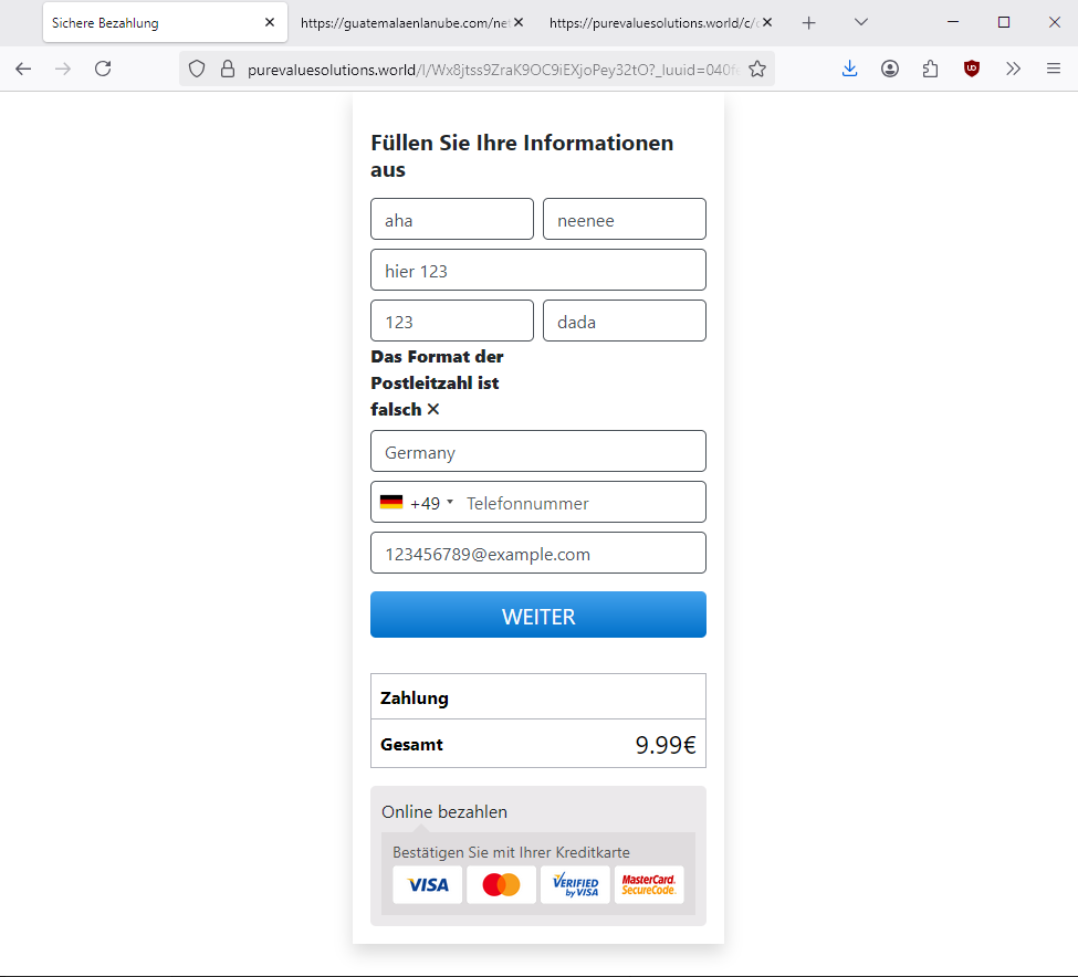 Screenshot, Abb. 4: Nach dem Ausfüllen der Formularfelder in Abb. 3 und einem Klick auf den Button "Abonnement fortsetzen", wird der Nutzer auf diese gefälschte Zahlungsseite weitergeleitet, die zuvor eingegebenen Daten werden hier übernommen. Die eingegebenen Daten werden von den Phishing-Akteuren sofort abgegriffen und gespeichert.