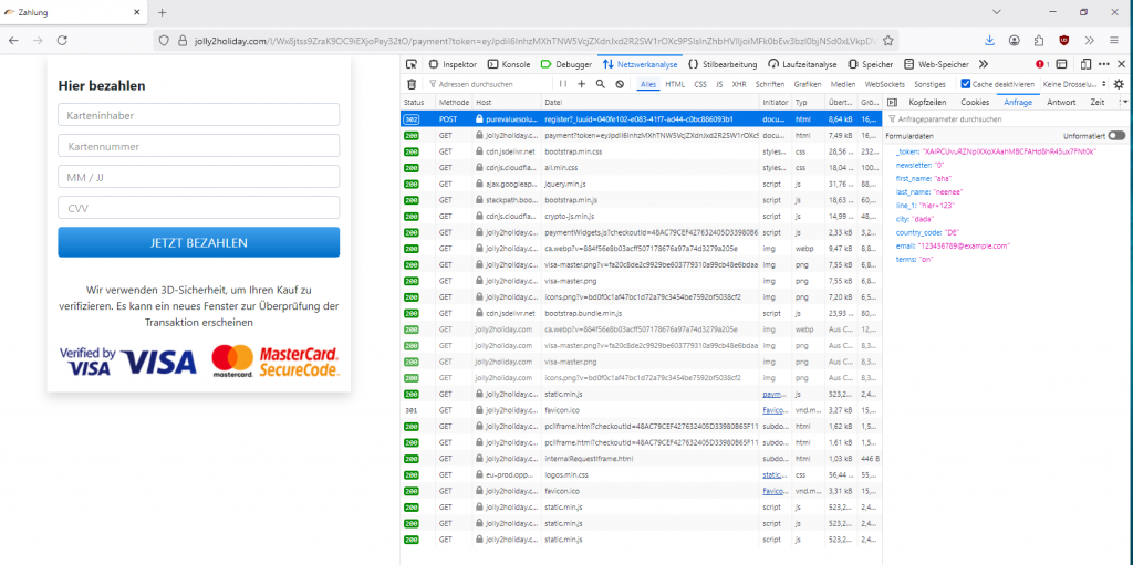 Screenshot, Abb. 5: Nachdem der Nutzer in dem auf der Abb. 4 zu sehenden Button "WEITER" geklickt hat, wird er zu einer weiteren Domain weitergeleitet, auf der die 2. Formularseite vorgehalten wird. Hier werden die Kreditkartendaten abgefragt.