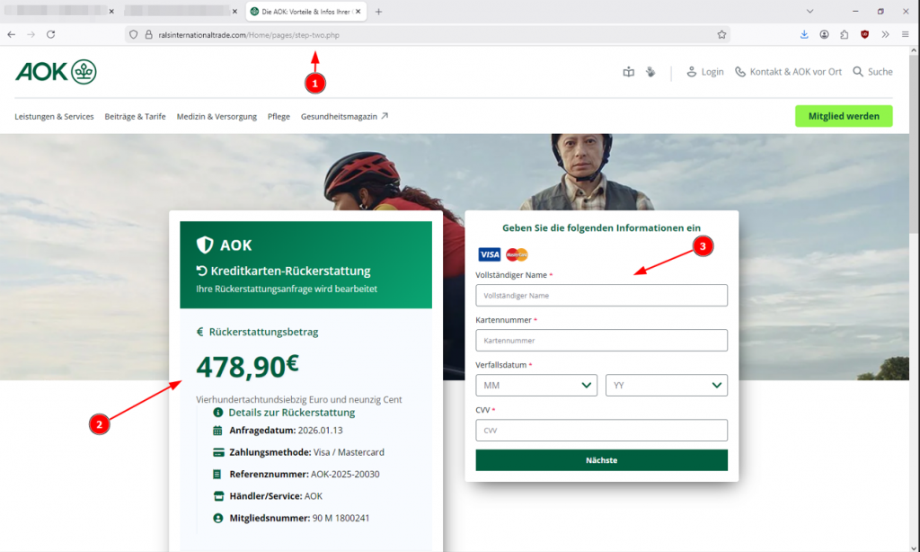 Abb. 4: Links in der Abbildung sind der Rückerstattungsbetrag und weitere Erstattungsdetails zu sehen, rechts das Formular zur Abfrage der Kreditkartendaten.