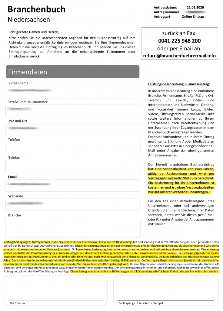 Abb. 2: Screenshot des PDF-Anhangs. Es ist ein Formular zu sehen, das Firmendaten, wie Firmenname, Straße und Hausnummer, PLZ und Ort, Telefon, Telefax, E-Mail, abfragt. Einige Felder sind vorausgefüllt. Meist werden hier falsche Angaben gemacht. An der Seite und unter dem Formular befinden sich die Leistungsbeschreibung und die Vertragsbedingungen. Durch den aneinandergereihten, kleingeschriebenen Fliesstext ohne Absätze, können die Bedingungen und Kosten leicht übersehen werden. Am Ende des Formulars sind Felder für das Datum und die Unterschrift.