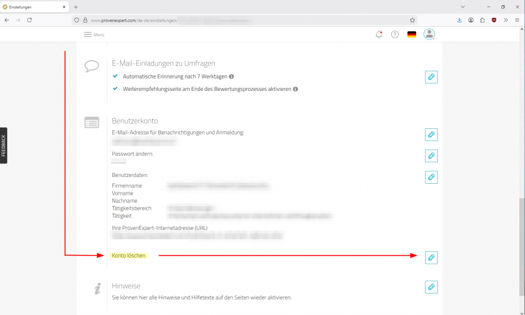 Abb. 3: Auf der Seite "Einstellungen" scrolle etwas weiter nach unten zu dem Punkt "Konto löschen" und klicke auf das Icon mit dem Stift.