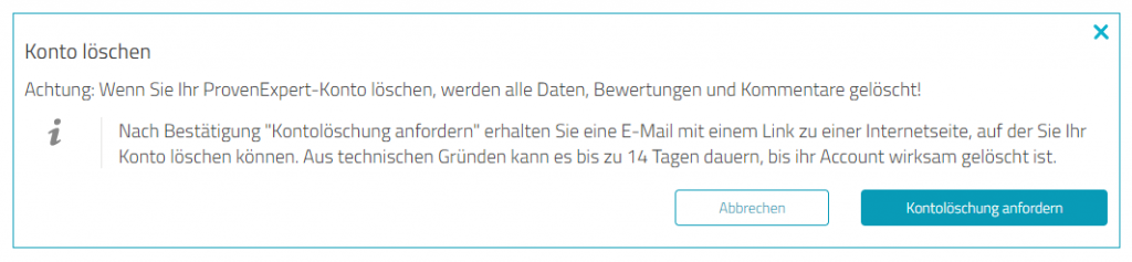 Abb. 4: Es öffnet sich ein Text-Kasten mit den Angaben zur Konto-Löschung. Klicke jetzt auf den Button "Kontolöschung anfordern" und bestätige die Anforderung anschliessend.
