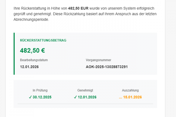 „Ausstehende Rückerstattung“ – Wie eine gefälschte AOK-Mail Menschen in eine perfekte Phishing-Falle lockt