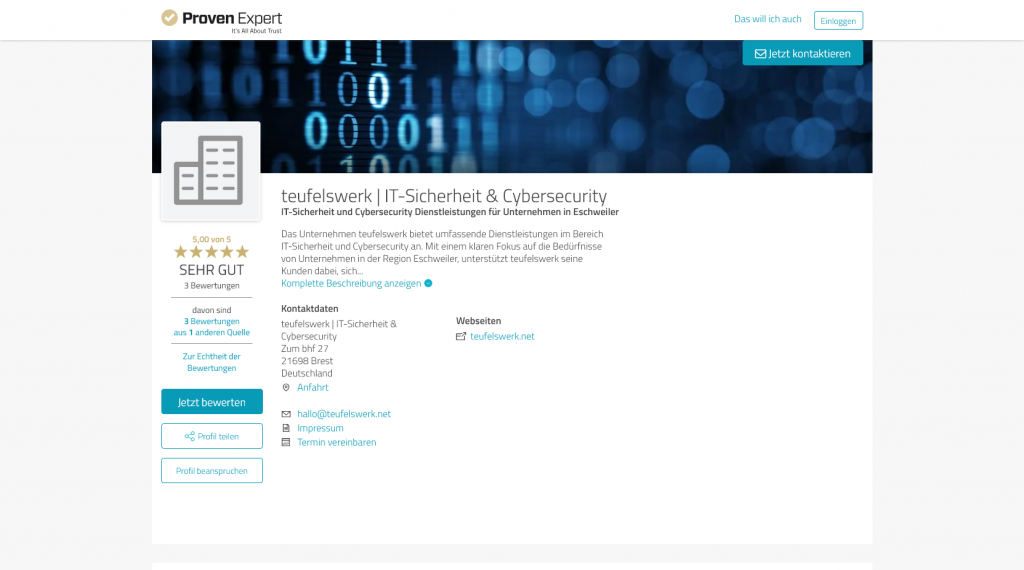 Abb. 1: Dieses Profil wurde nicht von uns erstellt, sondern vermutlich von ProvenExpert. In der Beschreibung ist die Angabe "Region Eschweiler" falsch. Wir agieren bundesweit und befinden uns räumlich gesehen in der südlichen Metropolregion Hamburg.