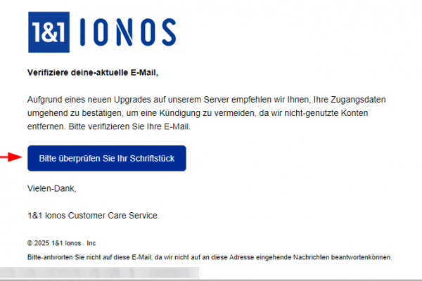 Vorsicht, Phishing: IONOS-Kunden sind aktuell wieder Ziel zahlreicher Phishing-Kampagnen