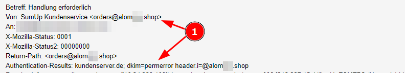 Abb. 1: Auszug aus den Kopfzeilen der SumUp-Phishing-Mail;