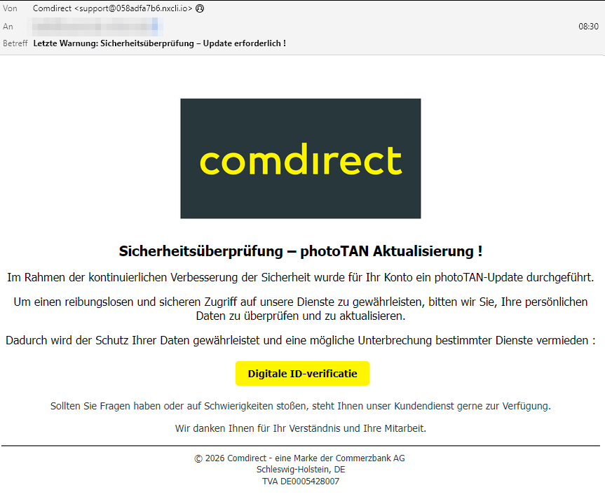 Achtung: Gefälschte Comdirect-Mails mit „Sicherheitsüberprüfung – photoTAN Aktualisierung!“ im Umlauf