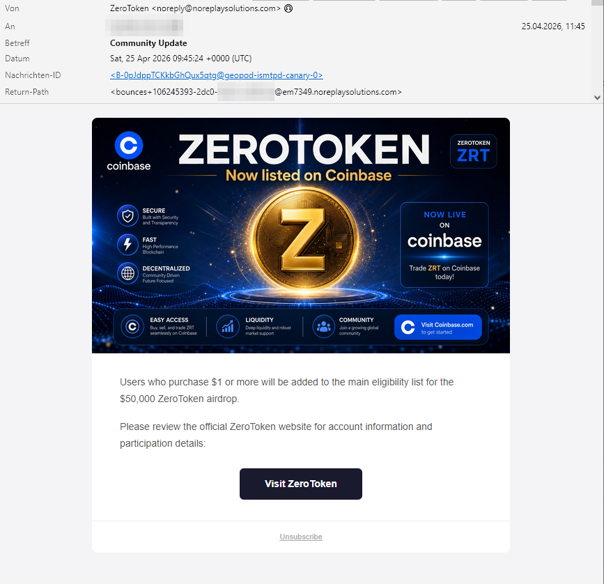 Crypto-Scam-Mail von Zerotoken