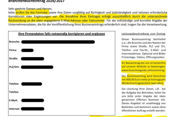 Neue Branchenbuch-Welle 2026: Vorsicht vor Eintragungsofferten von Olea Marketing LLC