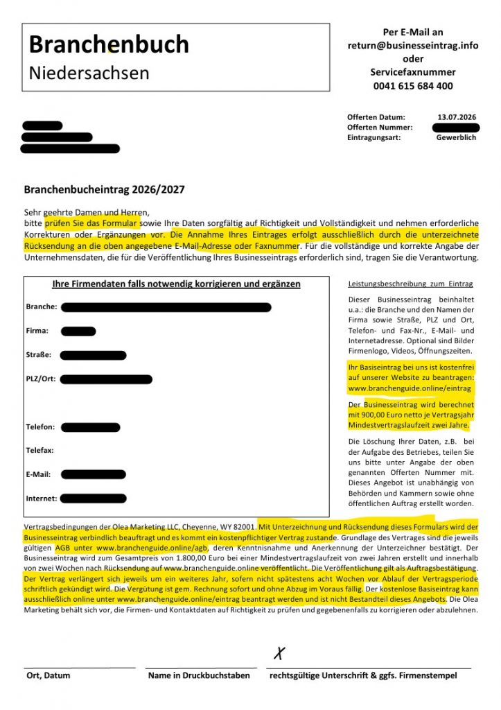 Neue Branchenbuch-Welle 2026: Vorsicht vor Eintragungsofferten von Olea Marketing LLC