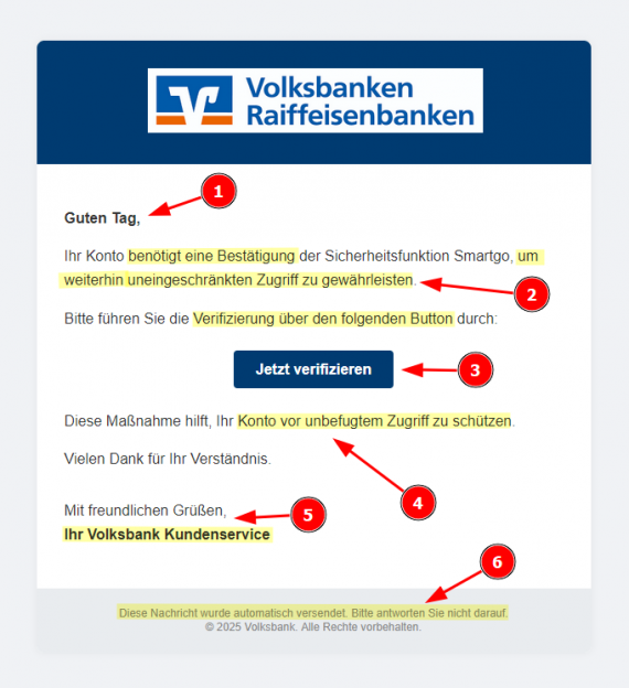 Screenshot der gefälschten Volksbank-Mail