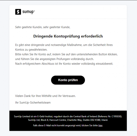 Screenshot der Phishing-Mail - SumUp: Dringende Kontoprüfung erforderlich