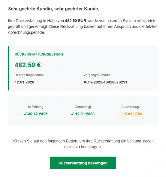 Abbildung der Phishing-E-Mail „Ausstehende Rückerstattung“ von der AOK