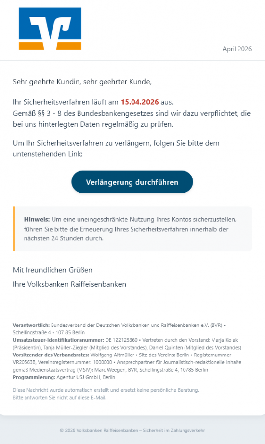 Volksbank-Phishing-Mail vom 13.04.2026